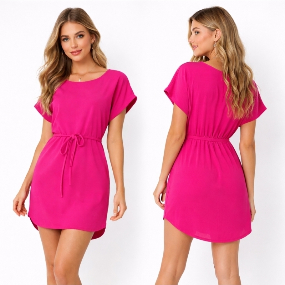 Paisley & Ivy Hot Pink Mini Shift Tie Dress Dolman Sleeve Barbiecore Autumn